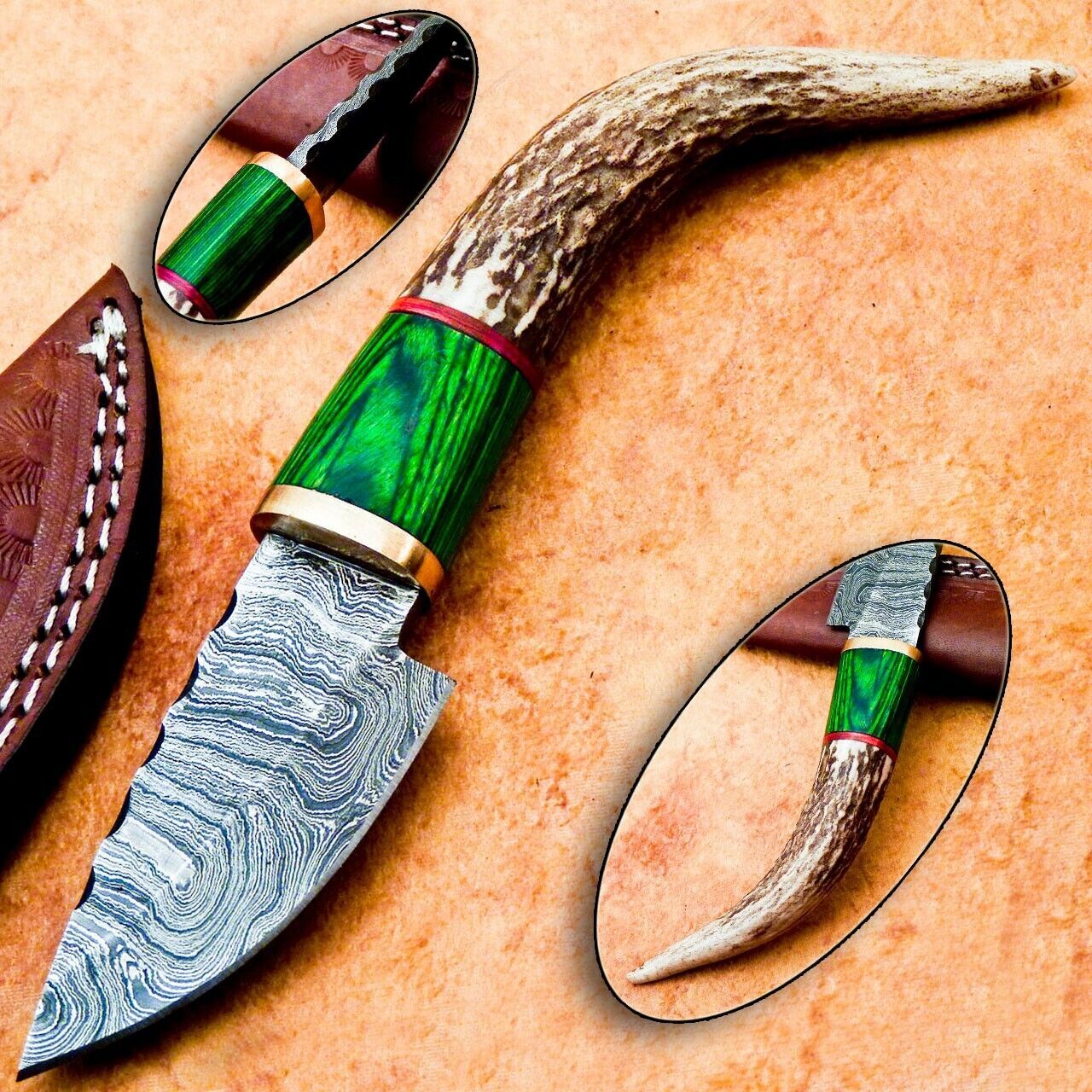 Heritage Forge 8" Damascus Steel Hunting Knife with Stag Antler and Hardwood Handle