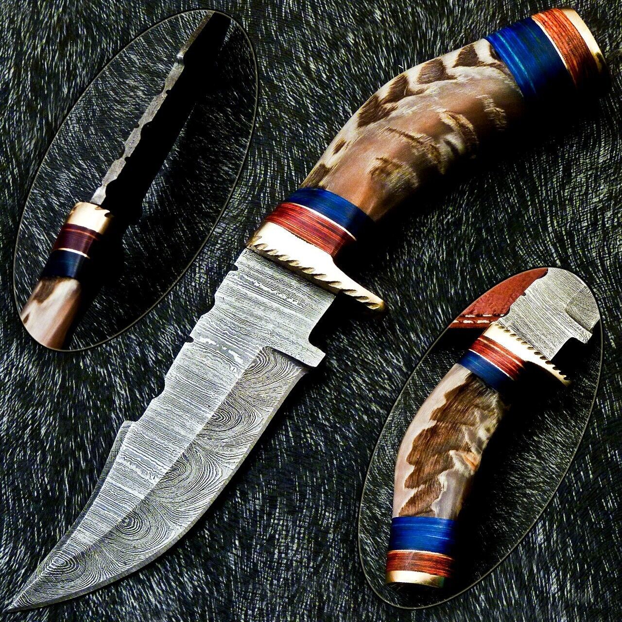 Heritage Forge 8 Inch Damascus Steel Hunting Knife with Ram Horn and Wood Handle