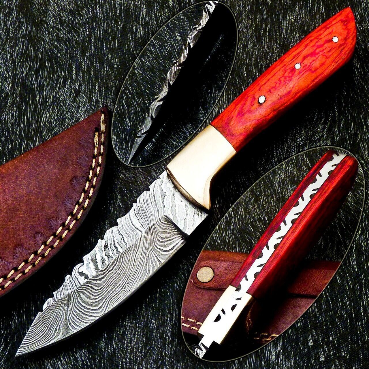 Heritage Forge 8 Inch Full Tang Damascus Bowie Knife with Hardwood Handle and Brass Bolster