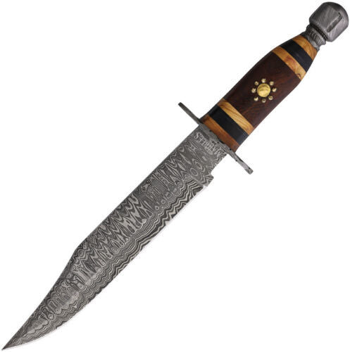 Heritage Forge Damascus Steel Bowie Knife Brown Wood Handle with Leather Sheath