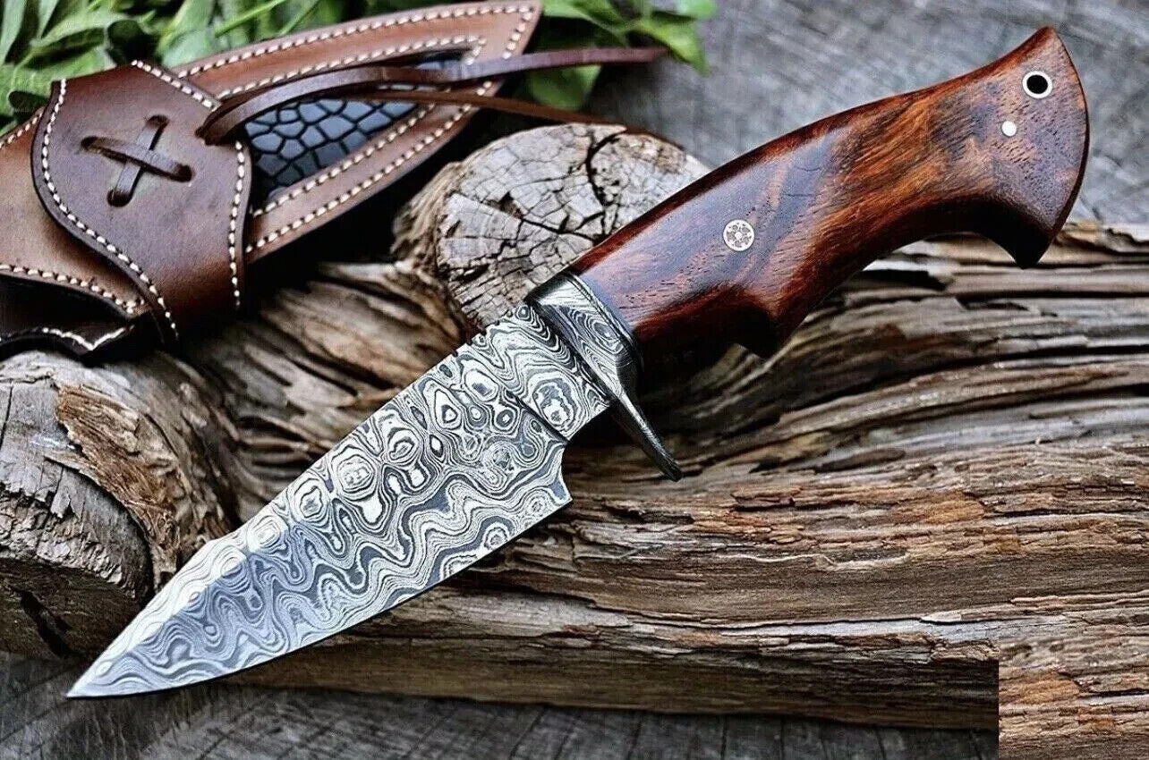 Heritage Forge Damascus Steel Bowie Knife with Rosewood Handle and Leather Sheath