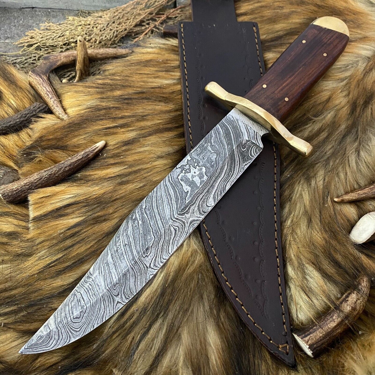 Heritage Forge Full Tang Damascus Steel Bowie Knife Rosewood Handle Hunting Blade