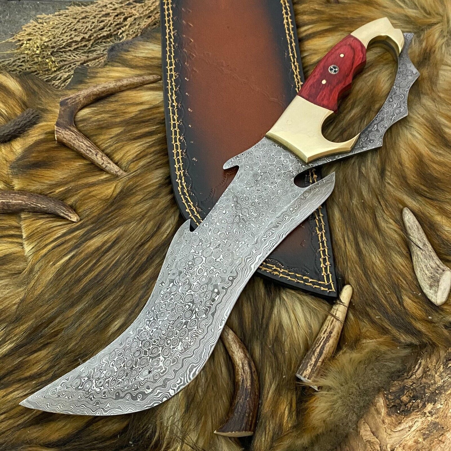 Heritage Forge Full Tang Damascus Steel Bowie Knife with Rosewood Handle and Leather Sheath