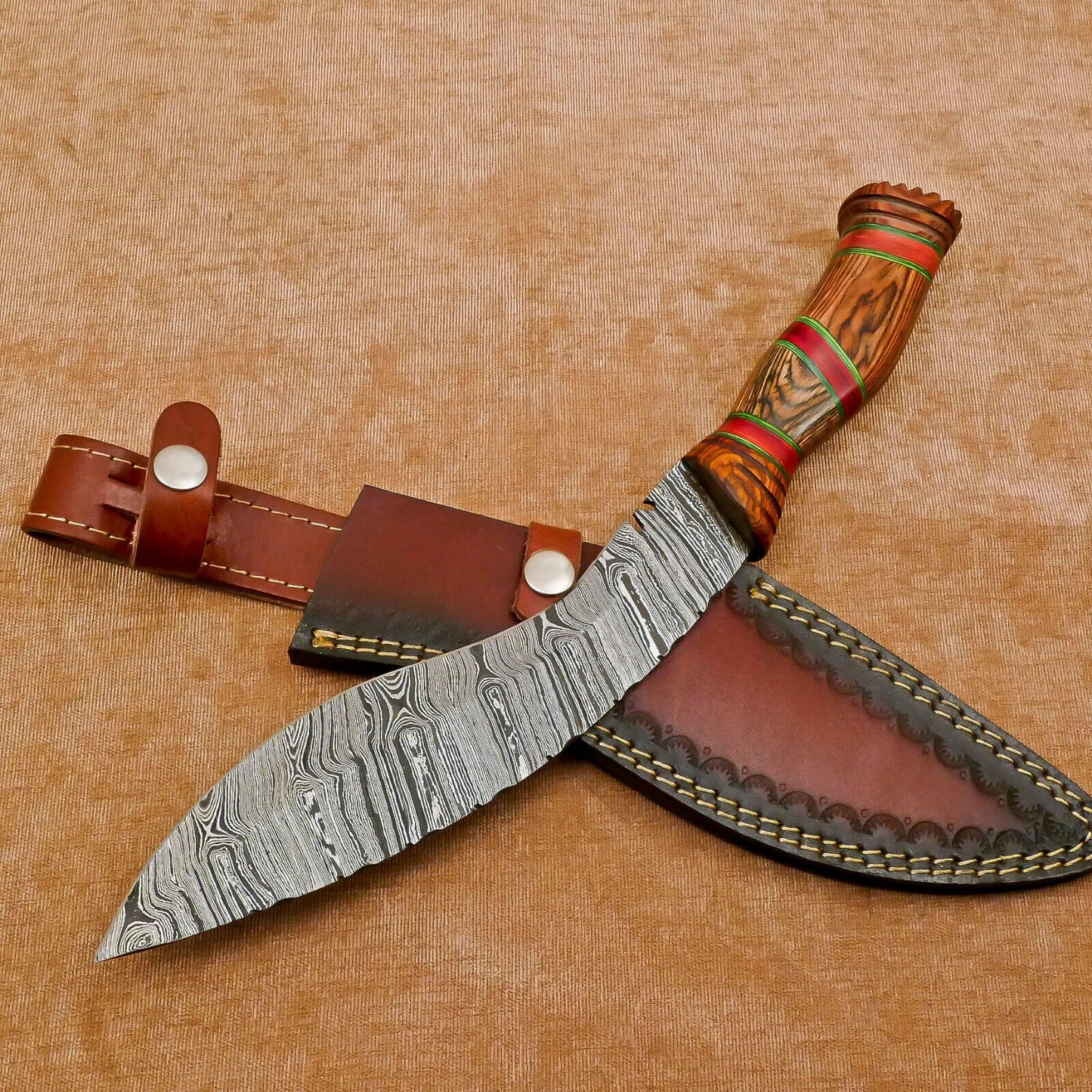 Heritage Forge Handmade Damascus Khukri Kukri Bowie Hunting Knife Pakka Wood Handle