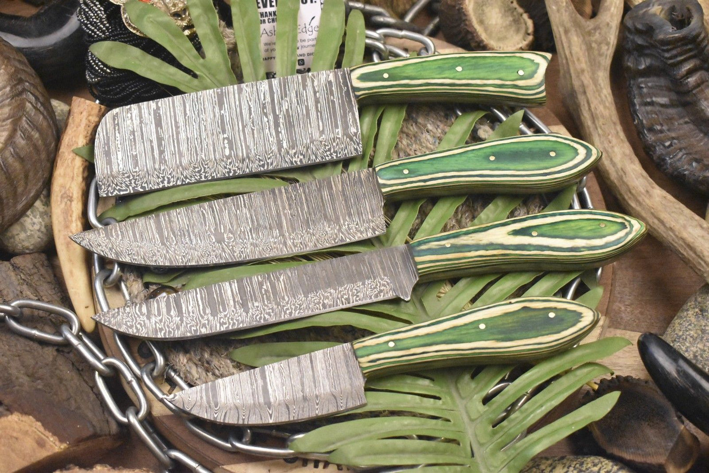Hot Item Chef Knife Set – Twist Damascus Steel with Hardwood Handles, Lot of 4 Outdoor Knives