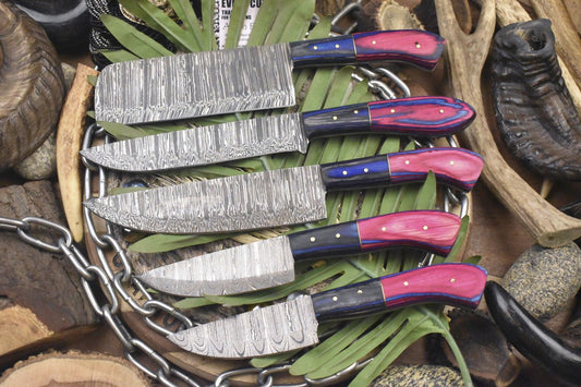 Hot Item Chef Knife Set – Twist Damascus Steel with Hardwood Handles, Lot of 5 Survival Knives
