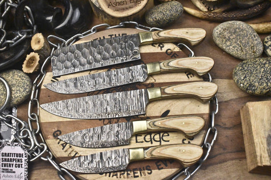 Hot Item Damascus Chef Knife Set – Twist Pattern with Olive Wood Handles (Lot of 5 EDC Knives)