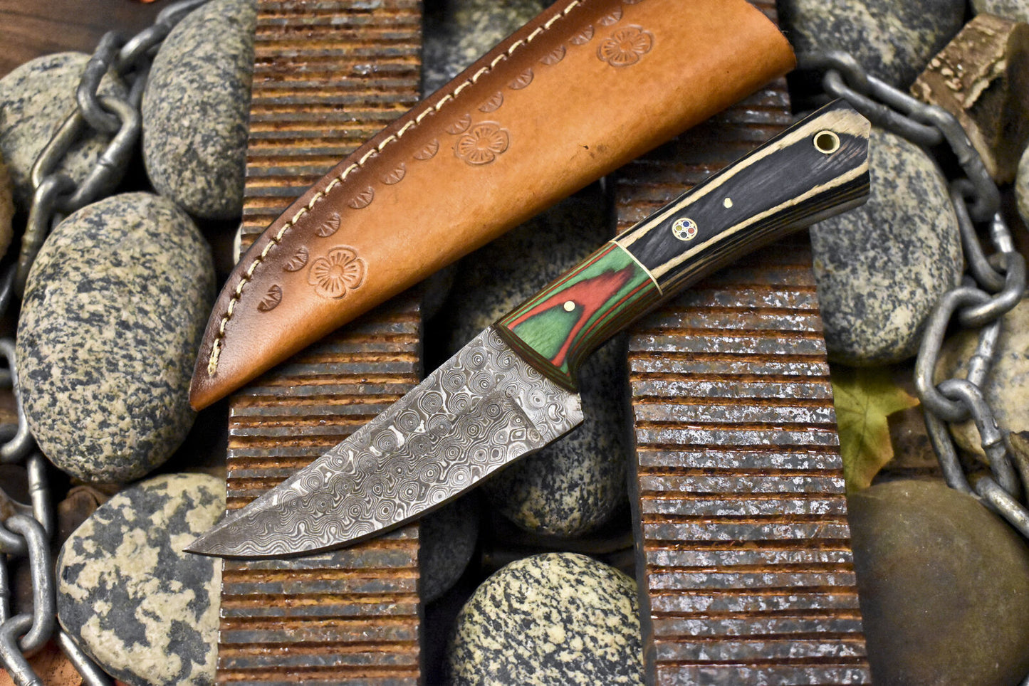 Hot Item Skinner Knife Rain Drop Damascus Hard Wood Handle Wooden Bolster EDC