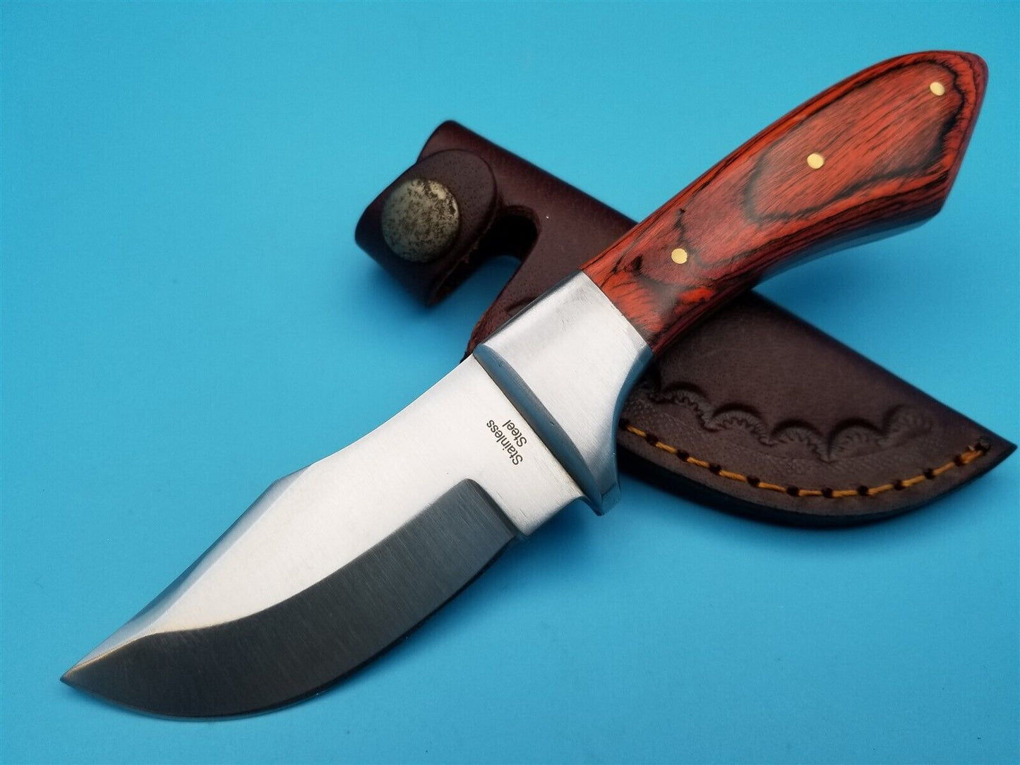 Hunting Skinner Knife – 7.25" Full Tang Stainless Steel Blade with Wood Handle & Leather Sheath