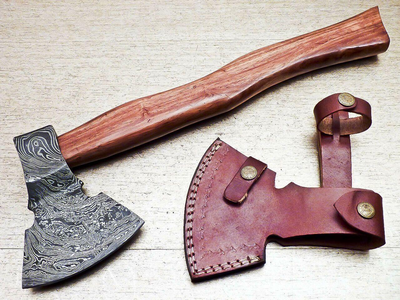 Limited Edition Handmade Damascus Steel Axe with Natural Wood Handle – Custom Forged Unique Damascus Axe with Leather Sheath