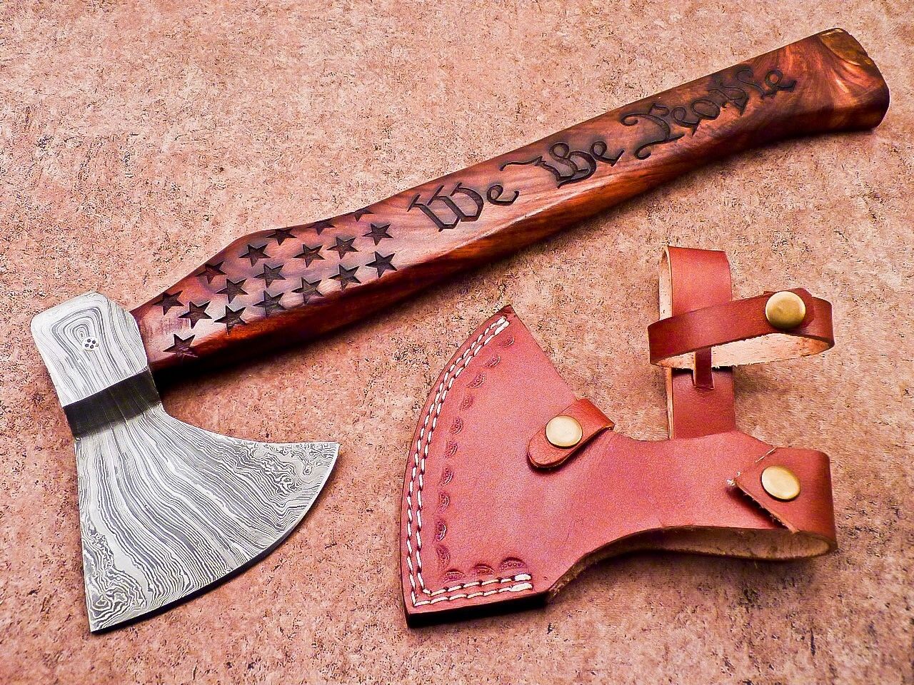 Limited Edition Handmade Damascus Steel Viking Axe with Natural Wood Handle and Leather Sheath