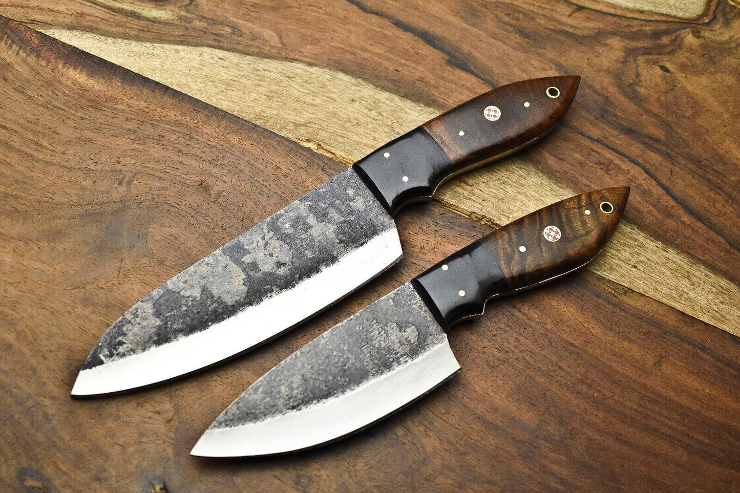 Lot Of 2 Handmade Hammered Damascus Steel Blade Chef Set Knife