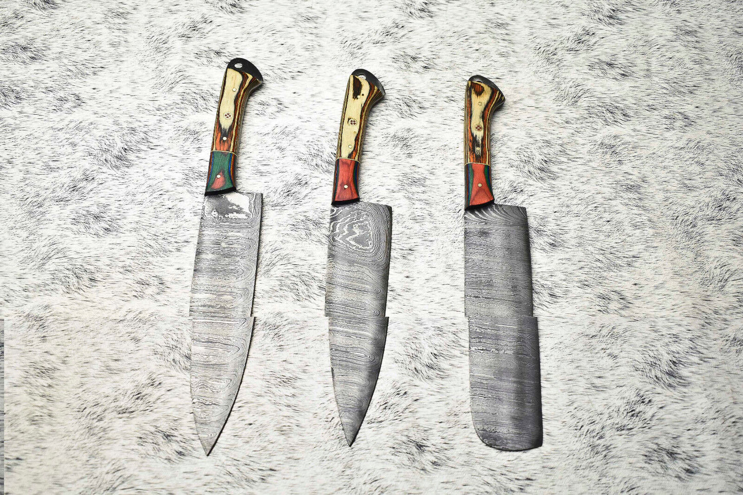 Lot Of 3 Handmade Damascus Hammered Full Tang Chef Set Knives with Hard Wood Handles, Perfect for Professional and Home Kitchens