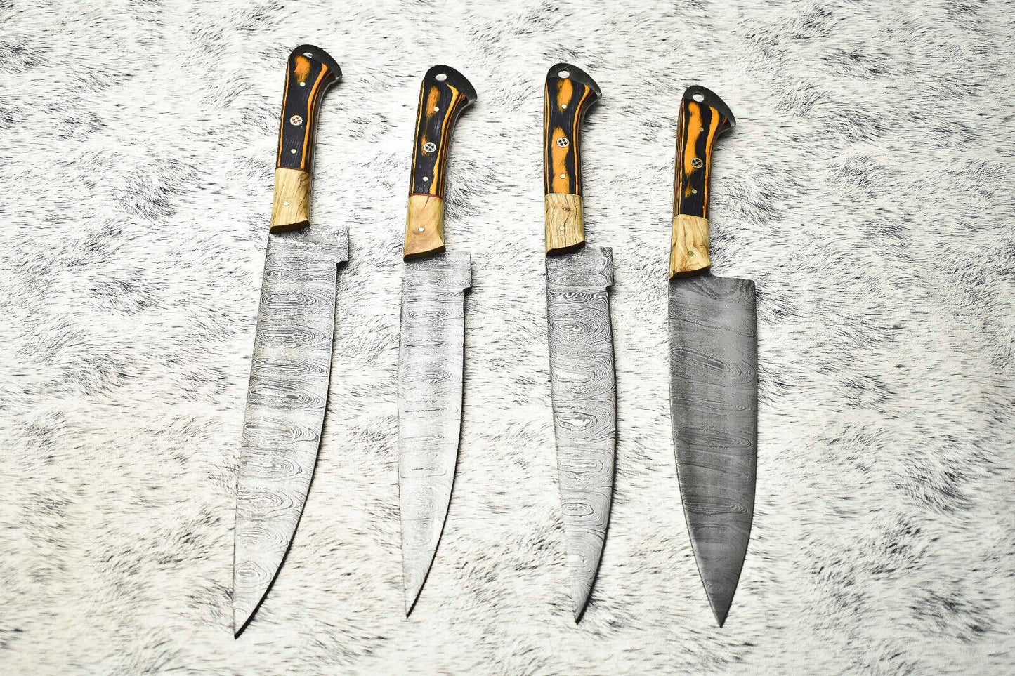 Lot Of 4 Handmade Damascus Hammered Full Tang Chef Set Knives | Hard Wood Handle