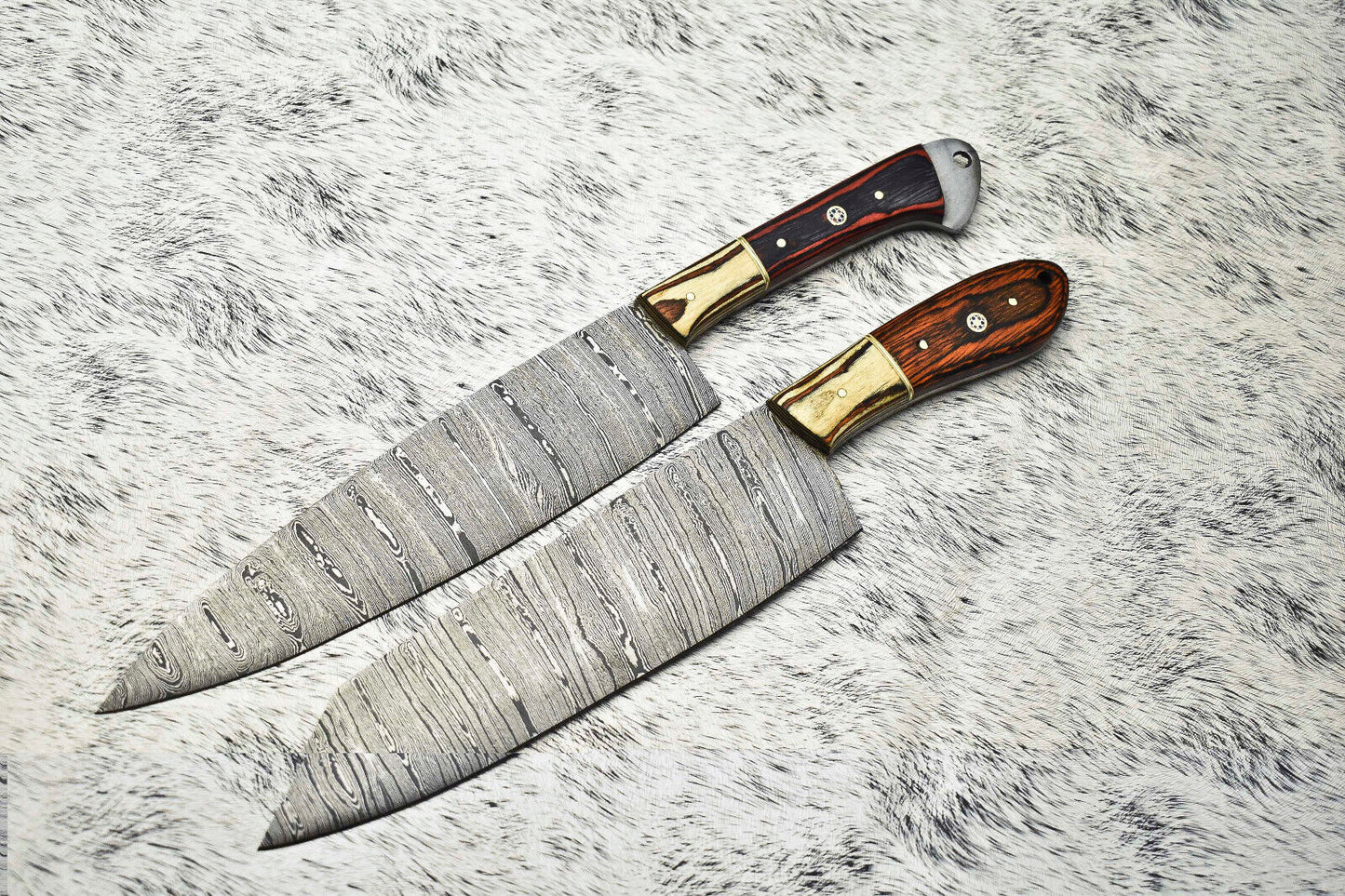 Lot of 2 Handmade Damascus Steel Blade Chef Knives – Professional Full Tang Kitchen Knife Set