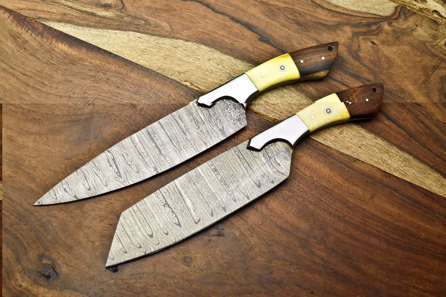 Lot of 2 Premium Handmade Damascus Steel Chef Knives – Full Tang, Hand-Forged Blades