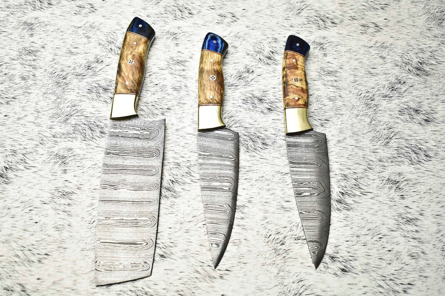 Lot of 3 Handmade Damascus Blade Full Tang Chef Knife Set – Premium Kitchen Cutlery