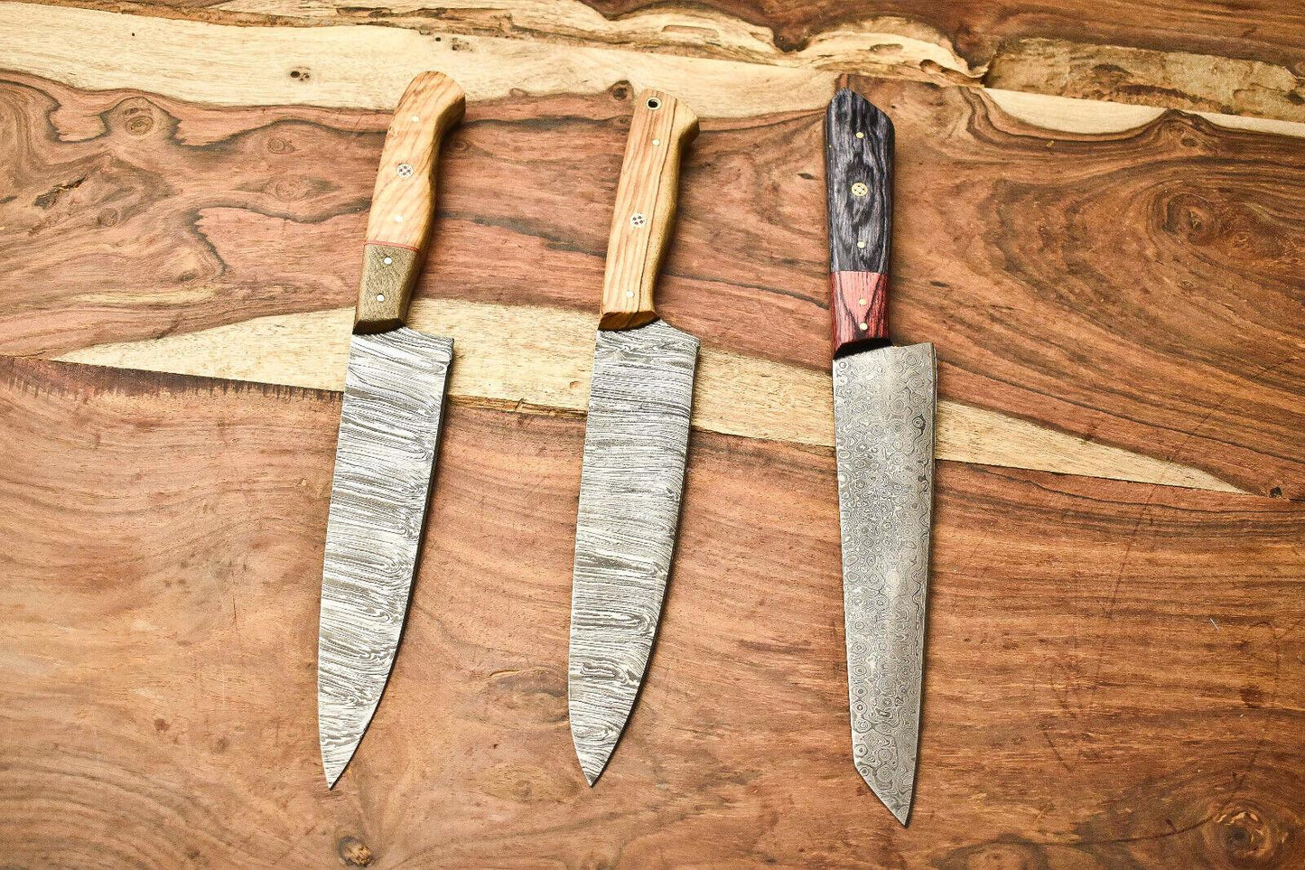 Lot of 3 Handmade Damascus Blade Full Tang Chef Set Knife