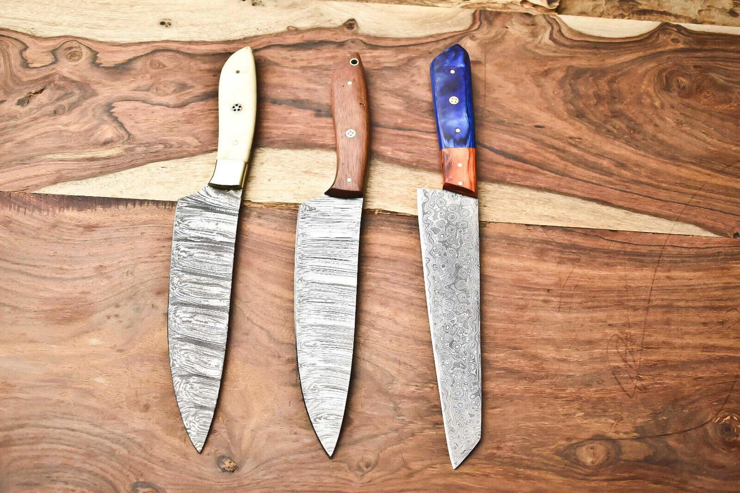 Lot of 3 Handmade Damascus Steel Chef Knives | Full Tang Kitchen Knife Set