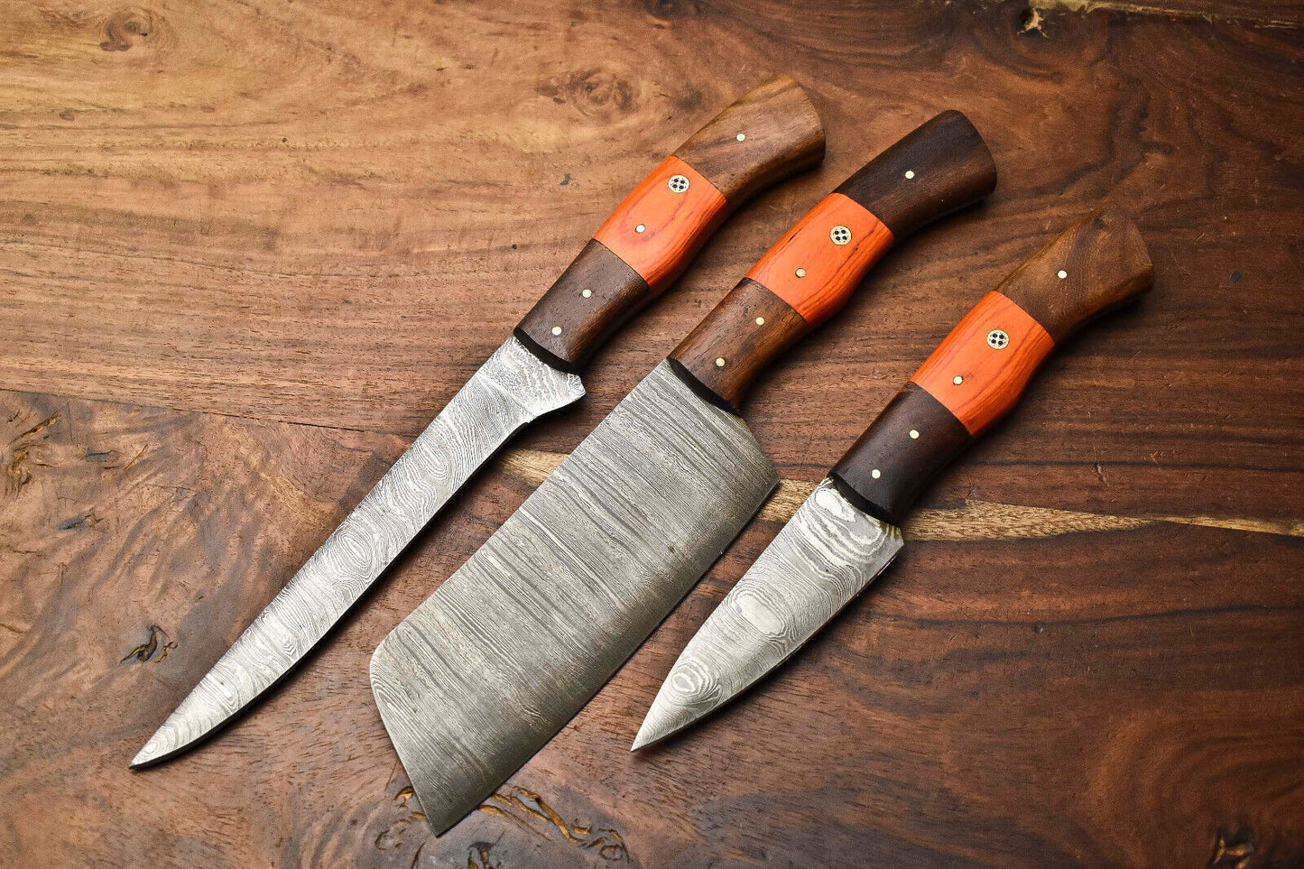 Lot of 3 PCS Custom Handmade Damascus Steel Blade Full Tang Chef Knife Set