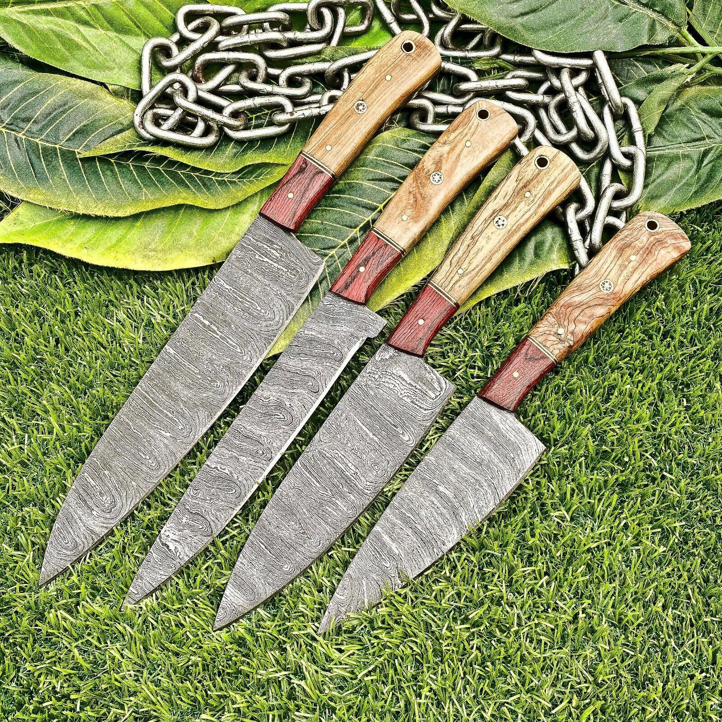Lot of 4 Damascus Steel Chef Knives Set – Full Tang Kitchen Knife Collection