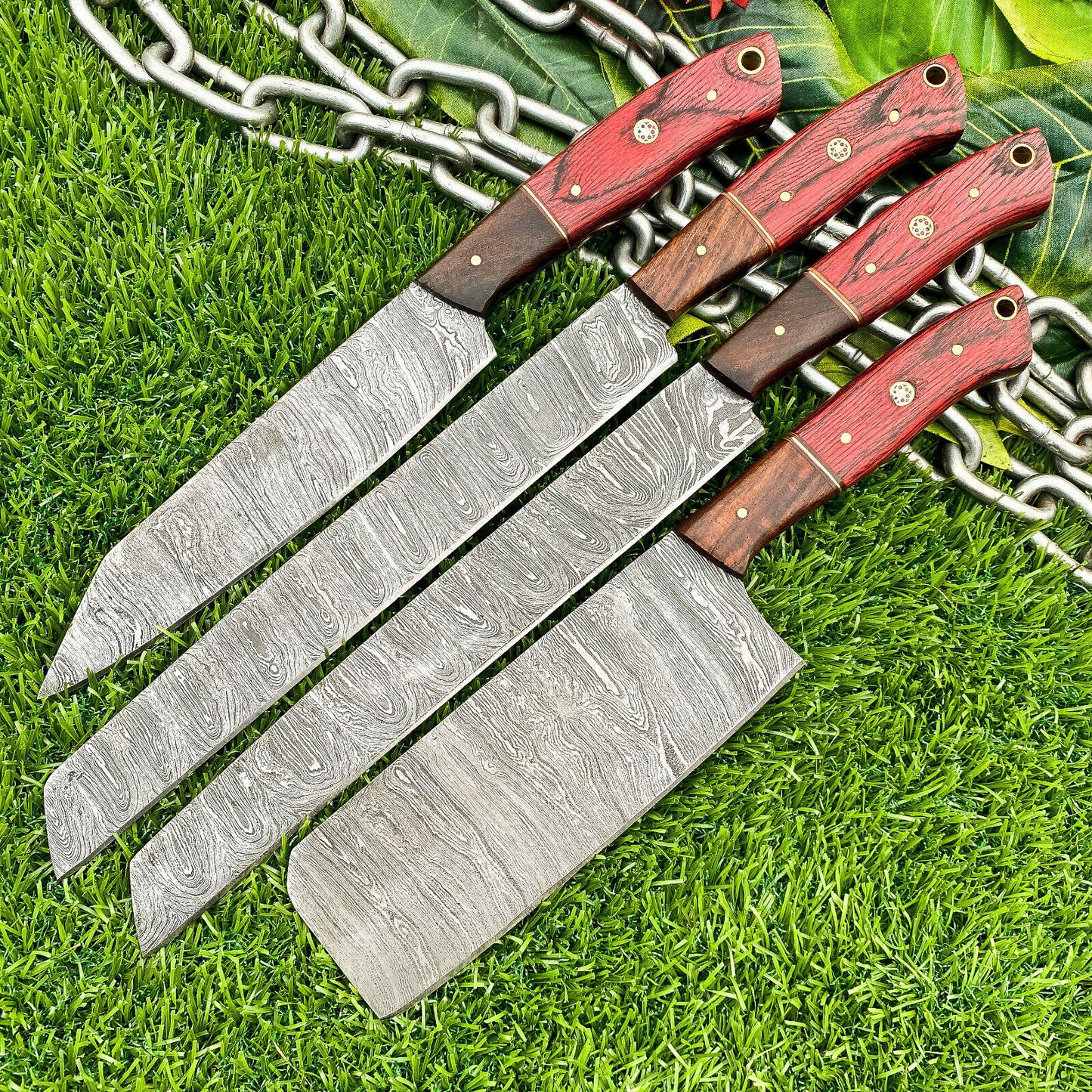 Lot of 4 Handmade Damascus Steel Chef Knives Set – Full Tang Kitchen Knife Collection