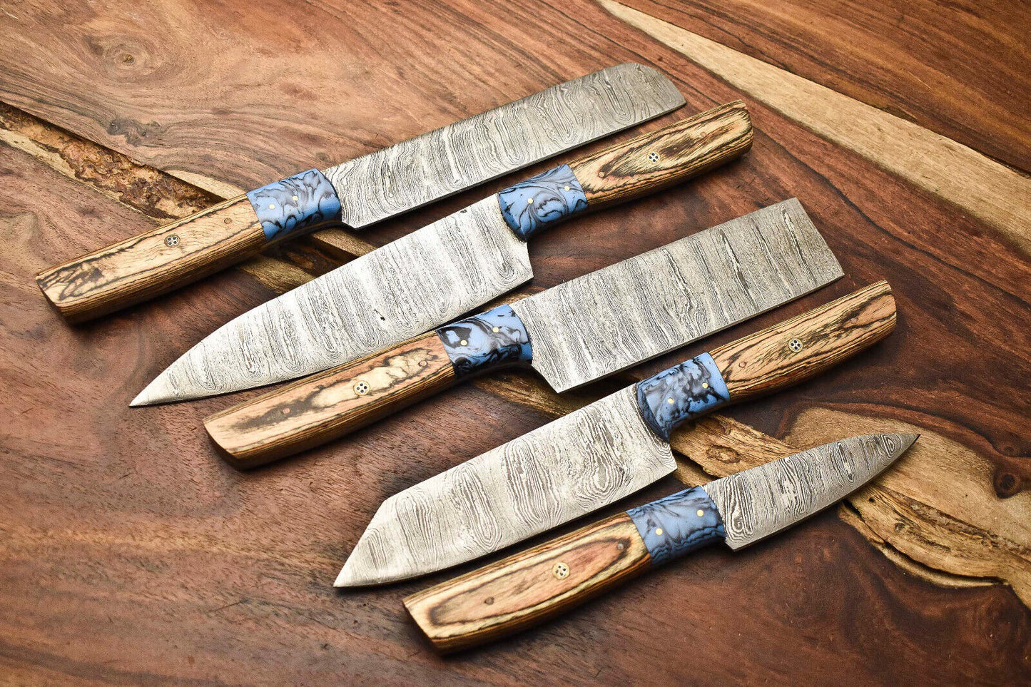 Lot of 5 Handmade Damascus Steel Blade Chef Knife Set with Leather Bag – Custom Forged, Hammered, Full Tang