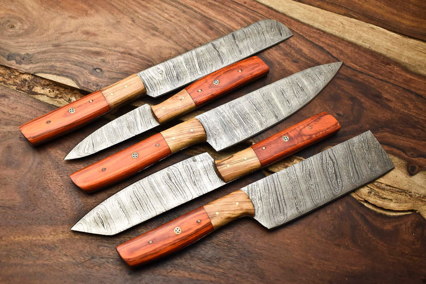 Lot of 5 Handmade Damascus Steel Blade Chef Knife Set with Leather Sheath
