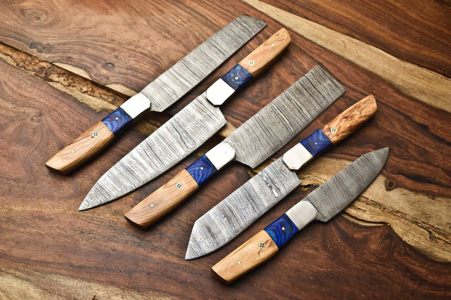 Lot of 5 Handmade Damascus Steel Chef Knives – Professional Kitchen Knife Set