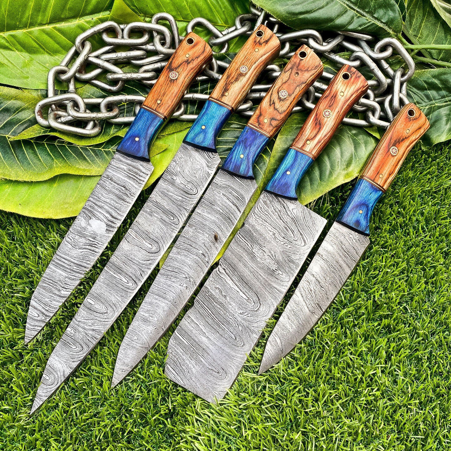 Lot of 5 Handmade Damascus Steel Full Tang Kitchen Chef Knife Set – Premium Hardwood Handle EDC Knives