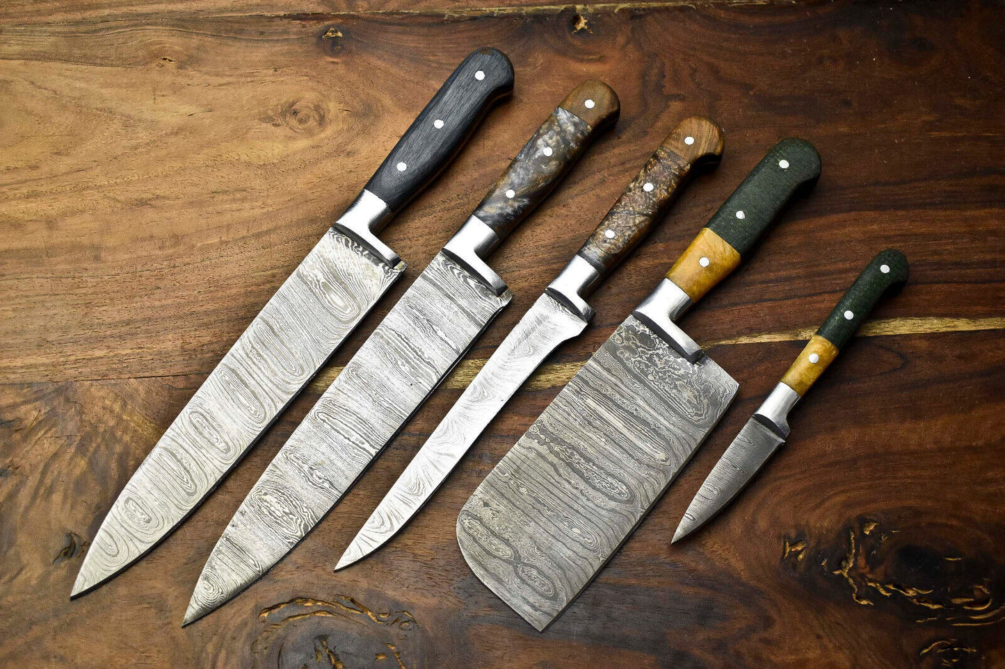 Lot of 5 Handmade Hammered Damascus Steel Blade Chef Knives – 10" to 13" Professional Kitchen Set