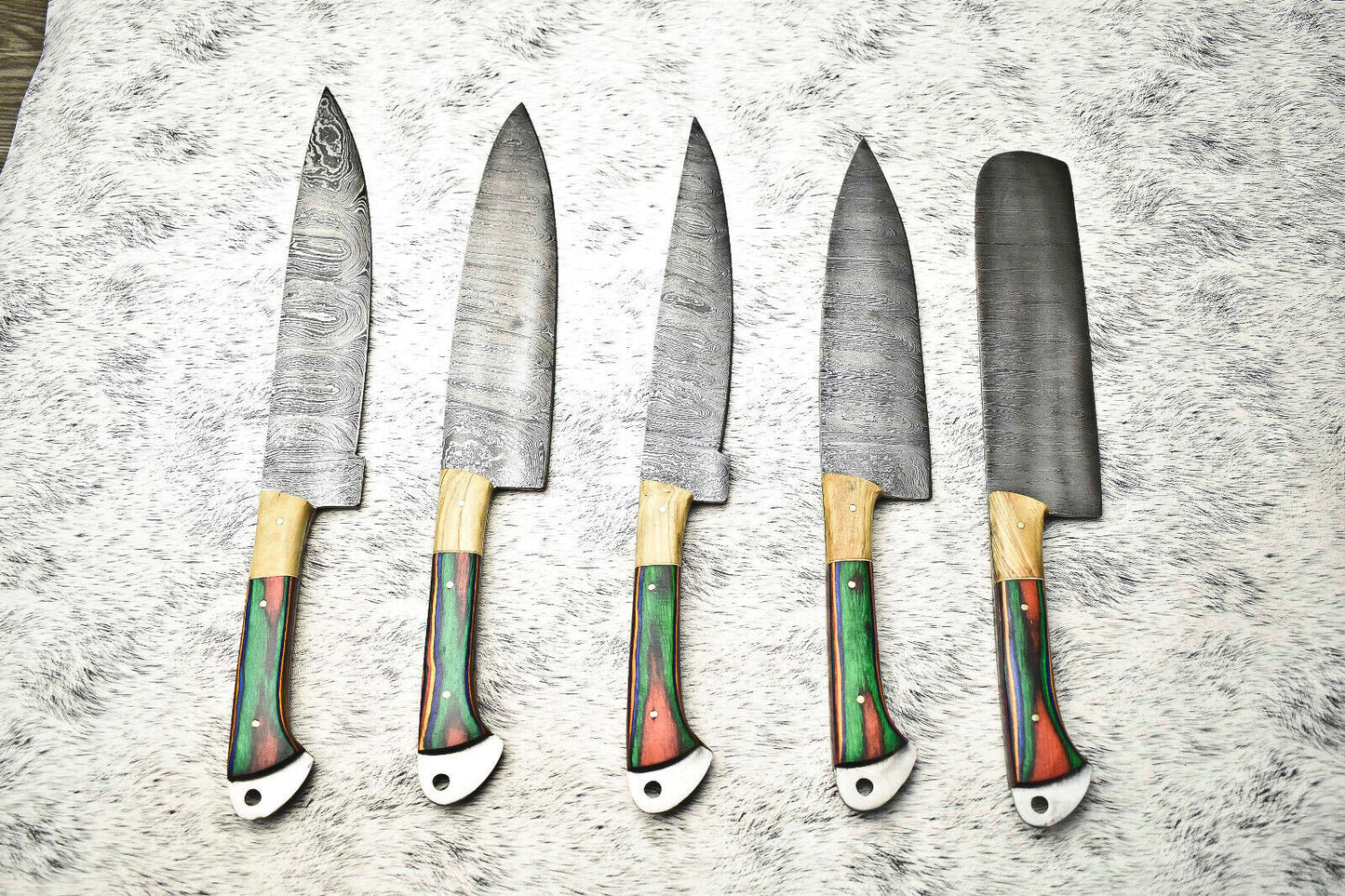 Lot of 5 Handmade Hammered Damascus Steel Chef Knives Set | Custom Kitchen Knife Collection