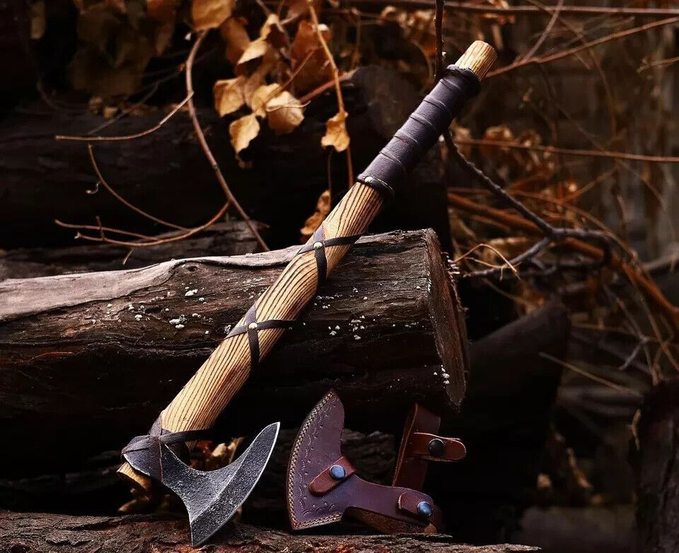 LothBrok Viking Axe Hand Forged Carbon Steel Bearded Hatchet with Rosewood Handle and Leather Sheath