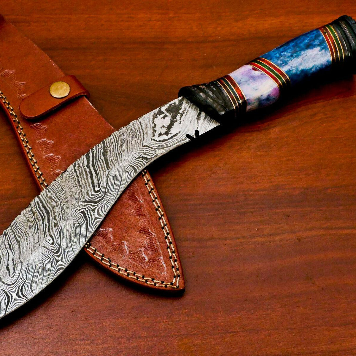 Mountain Fang 15 Inch Damascus Kukri Bowie Knife | Bone & Wood Handle with Leather Sheath