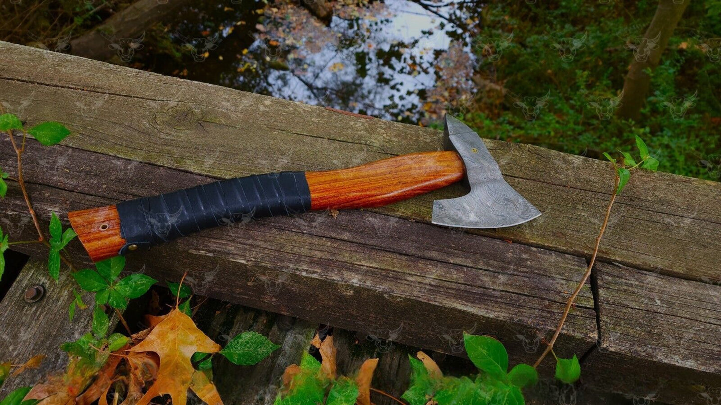 Multi Purpose Handmade Damascus Steel Viking Battle Axe with Rosewood Handle and Leather Sheath
