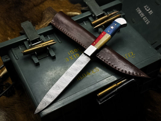 Premium Handmade Damascus Steel Chef & Hunting Knife – Bone Handle with Leather Sheath