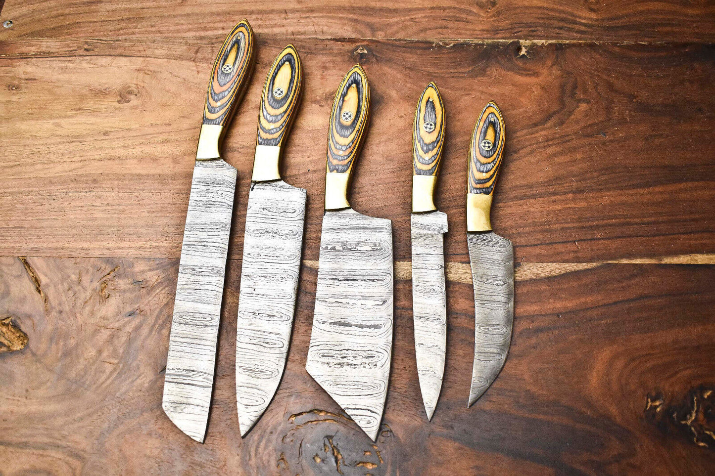Premium 5-Piece Handmade Damascus Steel Chef Knife Set – Hammered Blade Finish