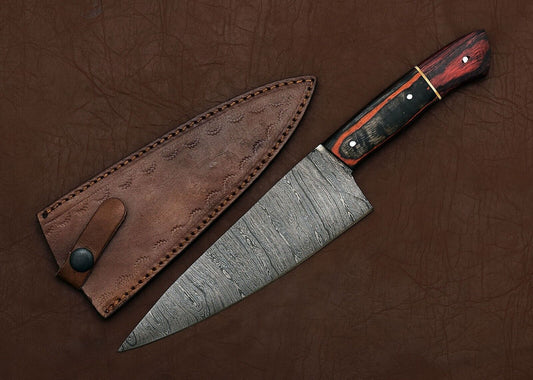 Premium Full Tang Damascus Steel Chef Fillet Knife | Handmade Kitchen Knife with Pakka Wood Handle & Leather Sheath