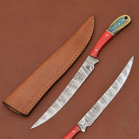 Premium Full Tang Handmade Damascus Steel Chef Knife with Wood Handle & Leather Sheath