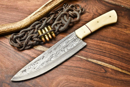 Premium Hand Forged Damascus Steel Chef Knife | Camel Bone Handle | Full Tang Kitchen Blade