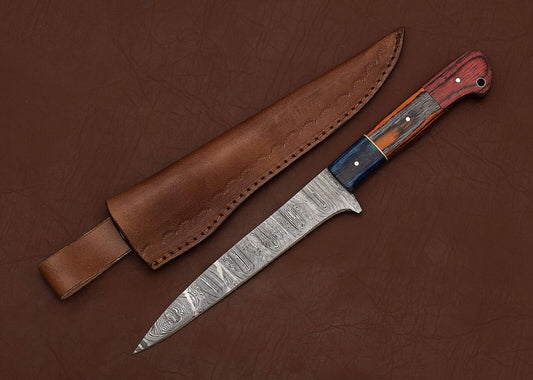 Premium Handmade Damascus Steel Chef Fillet Knife with 8" Blade & Pakka Wood Handle