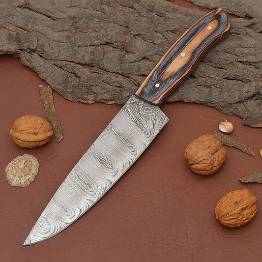 Premium Handmade Damascus Steel Chef & Fillet Knife with Full Tang Pakka Wood Handle