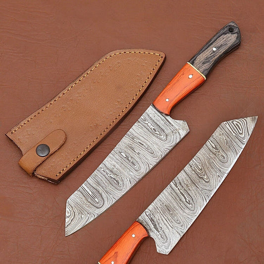 Premium Handmade Damascus Steel Chef Knife | 12" Full Tang Wood Handle with Leather Sheath