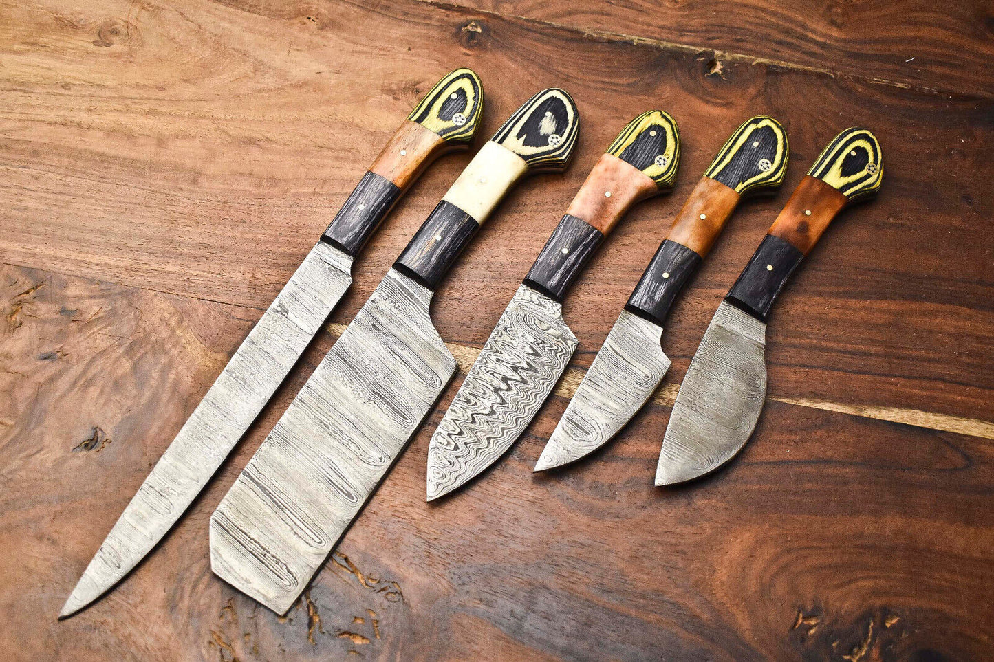 Premium Handmade Damascus Steel Chef Knife Set – Lot of 5 Hammered Blades