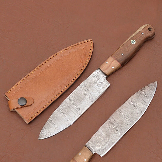 Premium Handmade Damascus Steel Fillet Chef Knife with Pakka Wood Handle & Leather Sheath