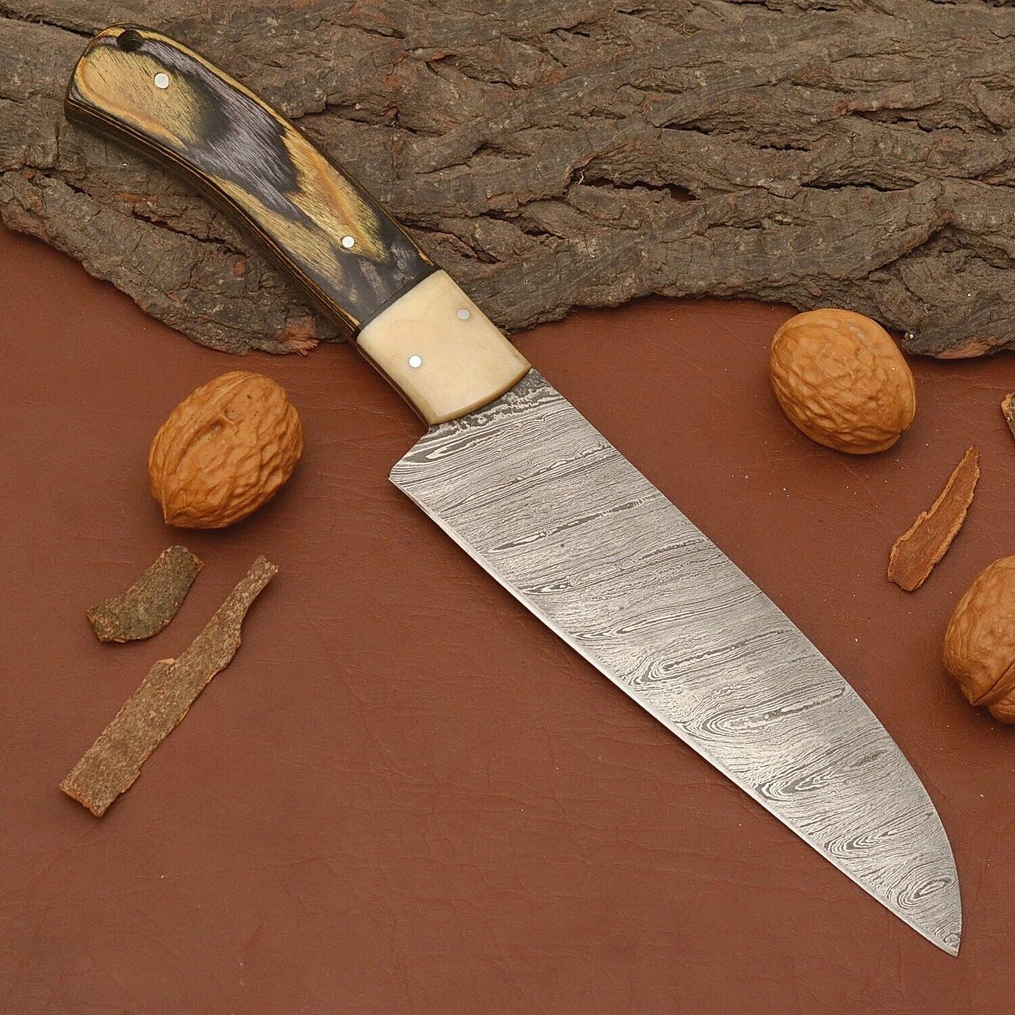 Premium Handmade Damascus Steel Kitchen Chef Knife – Full Tang Wood Handle with Leather Sheath