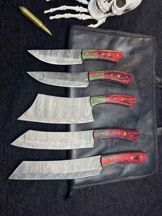 Premium Twist Damascus Chef Knife Set – Lot of 5 Handmade Hardwood Handle with Wooden Bolster Tactical Knives