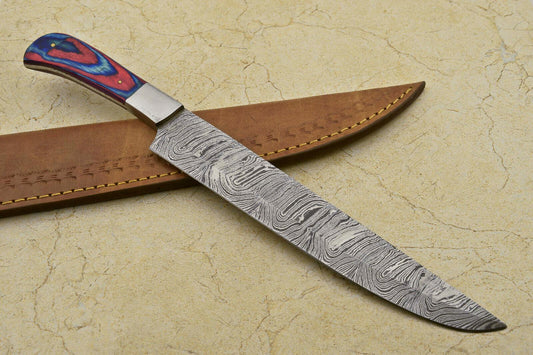 RARE CUSTOM DAMASCUS LARGE CHEF Kitchen Chef Knife - PAKKA WOOD