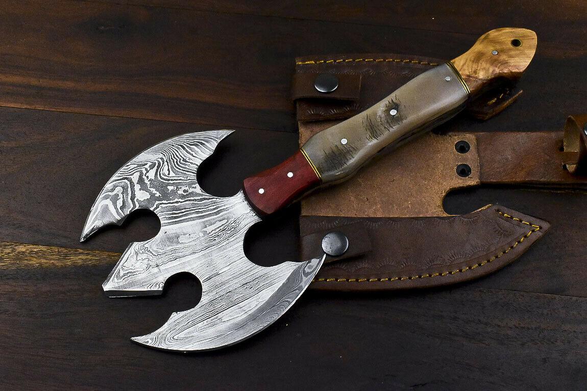 Rare Handmade Damascus Ram’s Horn Hunting Clever Chopper Axe Knife with Leather Sheath