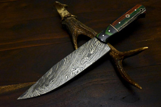 Rare Handmade Damascus Steel Chef Hunting Knife | 12.5" Hard Wood Handle
